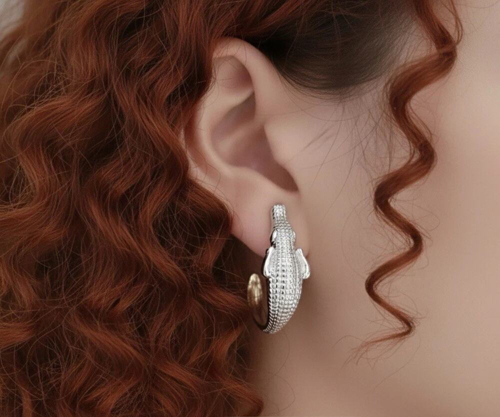 Zara Alligator Hoop Earrings Crocodile Silver Gothic Boho Steampunk Retro Stud